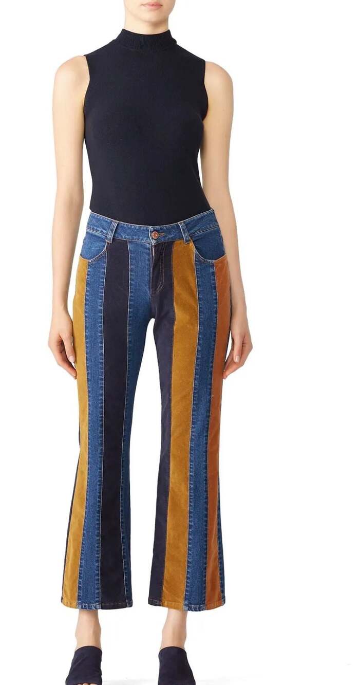 See by Chloé Striped Corduroy and Denim Paneled Flare Jeans
